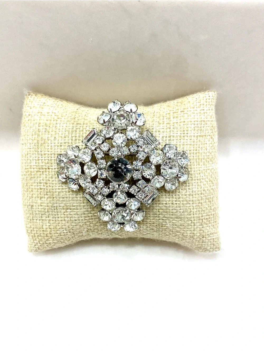 Vintage Clear Crystal Floral Cluster Brooch - Black Center Stone